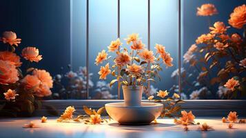 Blooming Beauty Vibrant Flowers in Large Pots, Lighting up Separate Floors with Warm Ambiance photo