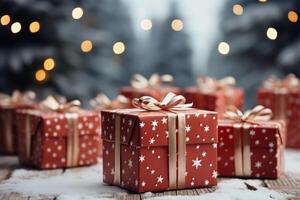 Celebrate Christmas Day with a Festive Christmas Background Snowfall Gift Boxes and Joyful Holiday Season Magic photo