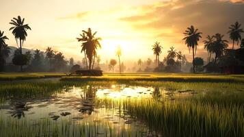 Golden Tranquility Serene Thailand Rice Fields in the Beautiful Evening Sunlight background photo