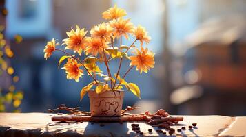 Blooming Beauty Vibrant Flowers in Large Pots, Lighting up Separate Floors with Warm Ambiance photo