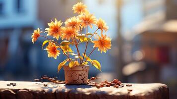 Blooming Beauty Vibrant Flowers in Large Pots, Lighting up Separate Floors with Warm Ambiance photo