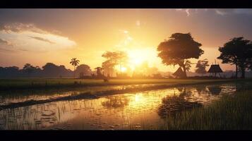 Golden Tranquility Serene Thailand Rice Fields  in the Beautiful Evening Sunlight background Generative AI photo