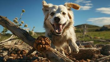 Cute puppy playing outdoors, happiness in nature, joyful canine fun generated by AI photo