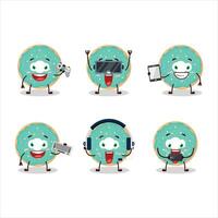 Vanilla blue donut cartoon character are playing games with various cute emoticons vector