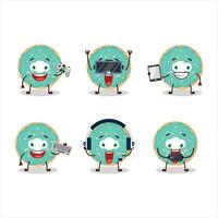 Vanilla blue donut cartoon character are playing games with various cute emoticons vector