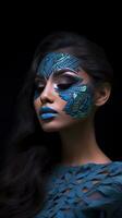 a woman with blue makeup and feathers painted on her face body AI Generative photo