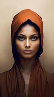un indio mujer con marrón cabeza bufanda en su y cabeza ai generativo foto