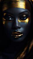 a woman with gold makeup and eyeshades on her face photo