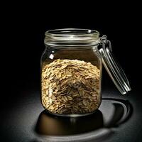 a jar of oats with lid on black surface AI Generative photo