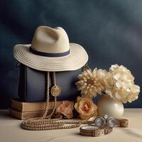 A Bag with a hat and flowers photo