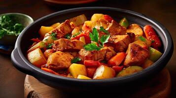 a bowl of food with meat and vegetables on table photo