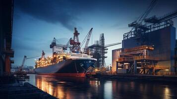 Twilight capture of a massive cargo ship under construction in dry dock AI Generative photo