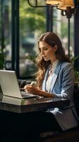 Businesswoman in formal attire working at a cafe with large glass-window copyspace for branding opportunities AI Generative photo