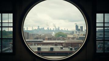 Overlooking a bustling manufacturing plant through a circular window photo