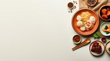 Top view of a simple Asian meal ramen dumplings and sushi illustrating diverse flavors AI Generative photo