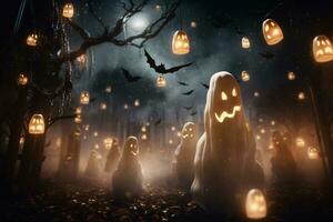 Modern Halloween Scene with Floating Ghosts, Twinkling Stars, and a Crisp Luminous Essence AI Generative photo