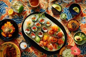 gastos generales instantánea de internacional cocina Sushi pasta y tacos en un vistoso Manteles ai generativo foto