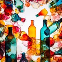 Spectrum of creativity - Vibrant glass bottles on a white backdrop with ample space for text AI Generative photo