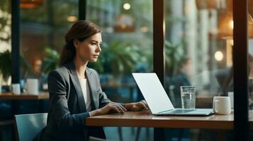 Businesswoman in formal attire working at a cafe with large glass-window copyspace for branding opportunities AI Generative photo