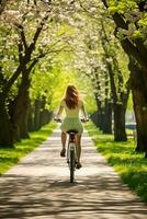 despreocupado mujer disfruta un bicicleta paseo mediante un lozano verde parque abrazando primavera vitalidad ai generativo foto