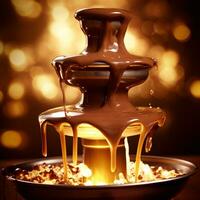 Chocolate Fountain Gushing Against Illuminated Backdrop with Left Copyspace AI Generative photo