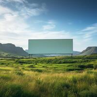 Rural tranquility featuring a blank billboard frame against rolling hills, untapped advertising potential photo