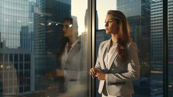 A determined businesswoman against cityscape high-rise window reflection with left-side copyspace AI Generative photo