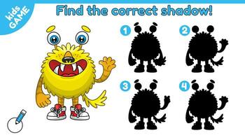 Find the correct shadow. Kids game with cartoon monster. Educational puzzle for preschool children. Search correct silhouette of funny mutant. Perfect for pastime on Halloween day. Vector design.