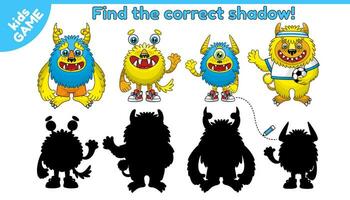 Find the correct shadow. Kids Game with cartoon monsters. Educational puzzle for preschool and school children. Search correct silhouette of funny mutants. Page of activity book. Vector illustration.
