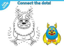 Dot to dot by numbers kids game. Connect the dots and paint cartoon monster. Page of activity book for children. Halloween puzzle for kindergarten and preschool. Vector illustration of funny mutant.