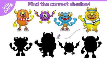 Find the correct shadow. Kids game with cartoon monsters. Connect cute mutant with correct silhouette. Educational puzzle for preschool children. Perfect for pastime on Halloween day. Vector design.
