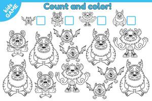 Counting game for kids. Math game. How many cartoon monsters. Count funny mutants and write number. Educational worksheet for preschool and school children. Vector outline. Perfect for coloring book.