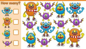 Educational a mathematical kids game. Count how many cartoon monsters and write the result. Counting worksheet for preschool and kindergarten children. Vector illustration of funny mutants.