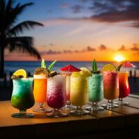 Array of Vibrant Exotic Cocktails against Tropical Beach Backdrop at Dusk AI Generative photo