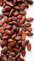 Ethereal Close-up of Cocoa Beans Against Crisp White Background with Left Copyspace AI Generative photo