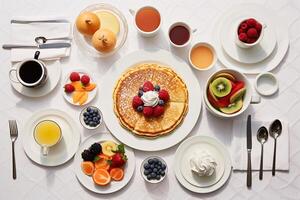 Overhead view of communal breakfast scene, highlighting shared meals in morning sunlight photo