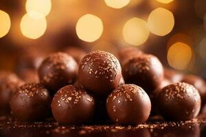 Luxurious Milk Chocolate Truffles on Bright Polished Surface with Bokeh Effect AI Generative photo