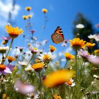 Group of butterflies fluttering over a meadow of wildflowers under a cloudless blue sky AI Generative photo