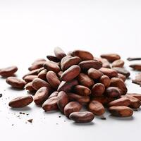 Ethereal Close-up of Cocoa Beans Against Crisp White Background with Left Copyspace AI Generative photo