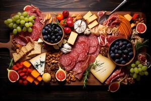 Bird's-eye view of gourmet charcuterie board with meats cheeses fruits and nuts AI Generative photo