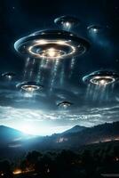 Dramatic depiction of a UFO fleet in the night sky signaling a possible alien encounter AI Generative photo