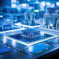 Clean-room environment in a microchip production under blue light photo