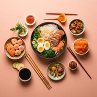 Top view of a simple Asian meal ramen dumplings and sushi illustrating diverse flavors photo