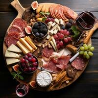 Bird's-eye view of gourmet charcuterie board with meats cheeses fruits and nuts AI Generative photo