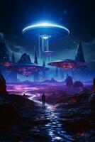 Imaginative depiction of an advanced alien civilization on a distant planet with floating structures and neon pathways AI Generative photo