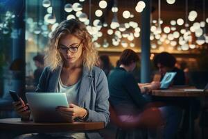 Woman working with digital devices in a co-working space with top-side copyspace filled with ambient light AI Generative photo