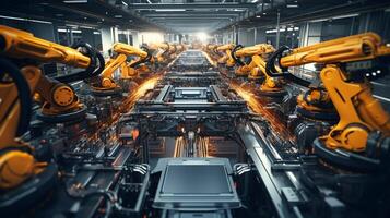 Overhead view of robotic precision on an automotive assembly line photo