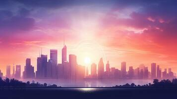 Futuristic city skyline bathed in the warm glow of a sunset with skyscrapers adorned with lights AI Generative photo