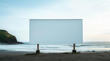 Striking image of a blank billboard frame on a desolate beach, endless advertising possibilities photo