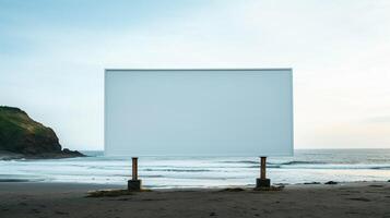 sorprendentes imagen de un blanco cartelera marco en un solitario playa, interminable publicidad posibilidades ai generativo foto